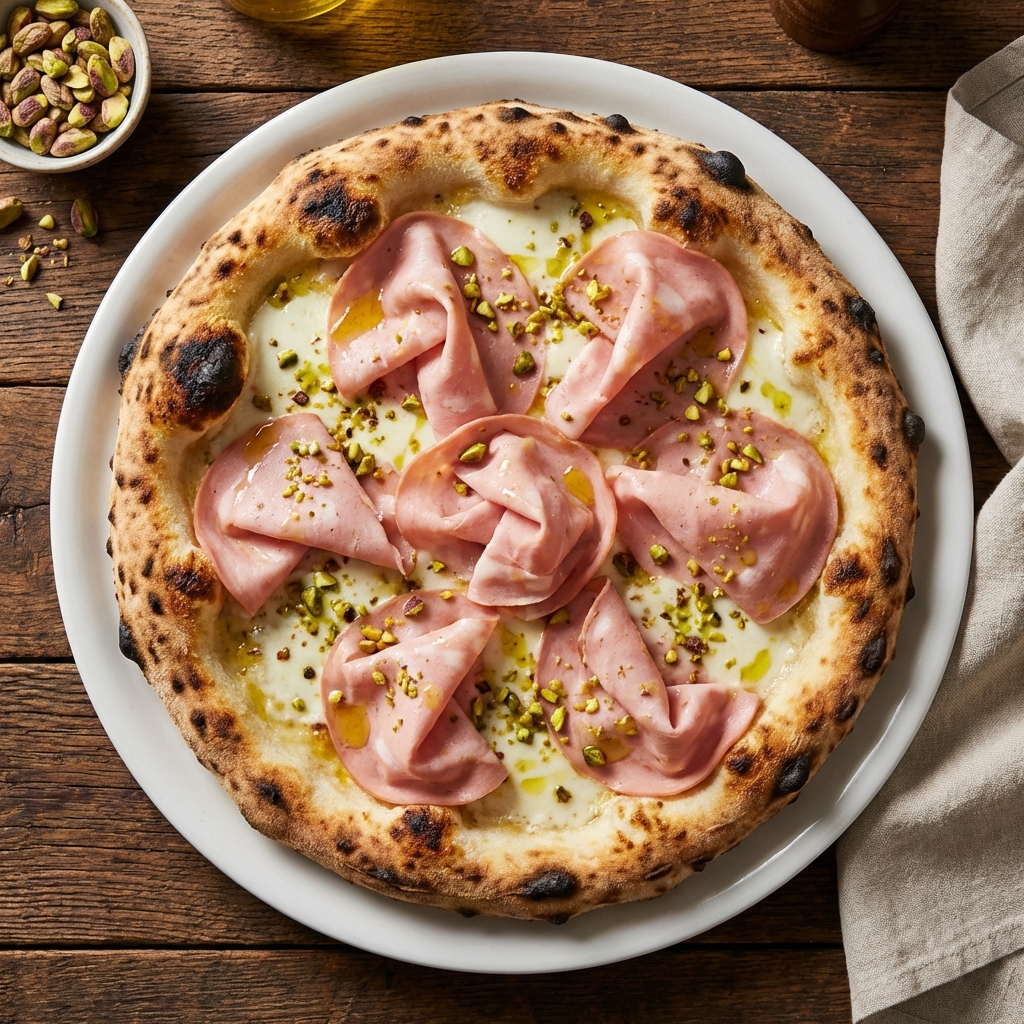 Pizza Mortadella e Pistacchio mit Pistaziencreme